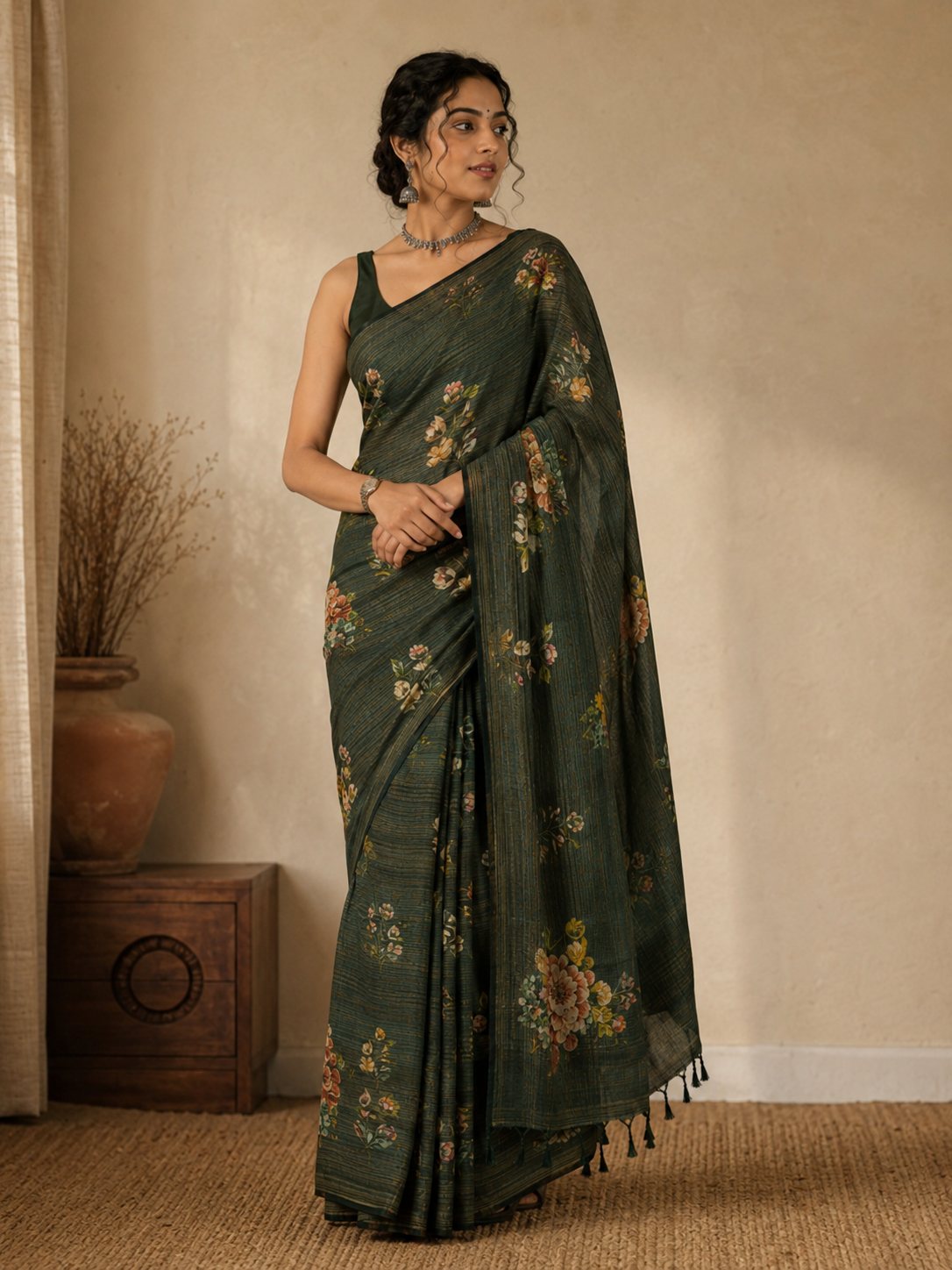 Mehfil Floral – Deep Forest Green Printed Cotton Saree