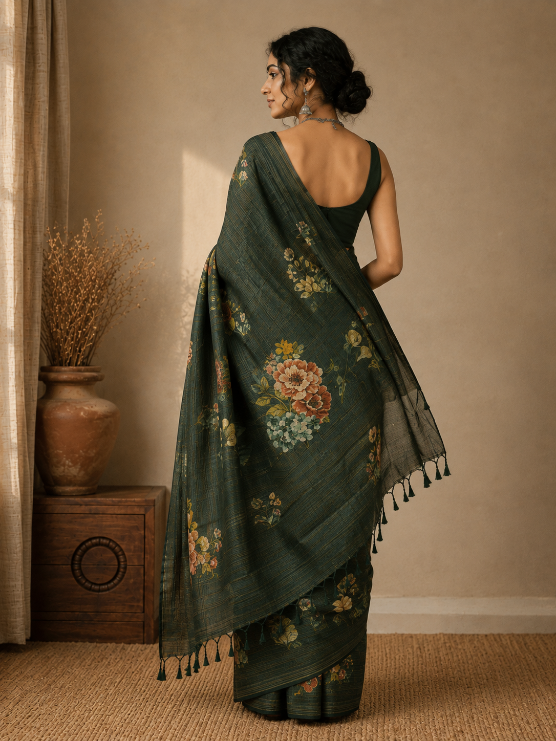 Mehfil Floral – Deep Forest Green Printed Cotton Saree