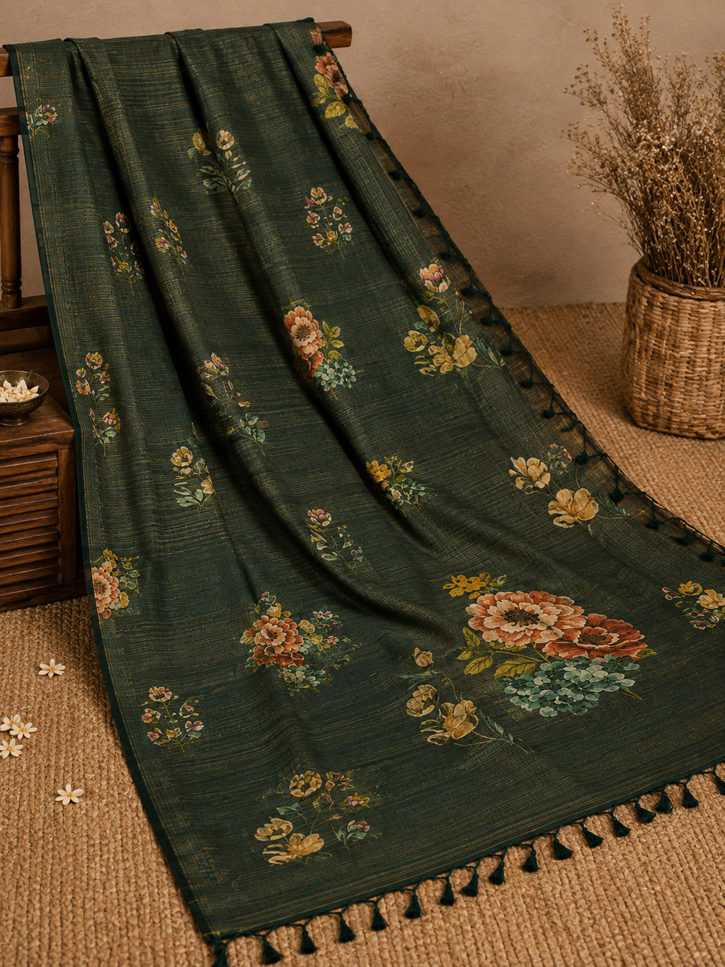 Mehfil Floral – Deep Forest Green Printed Cotton Saree