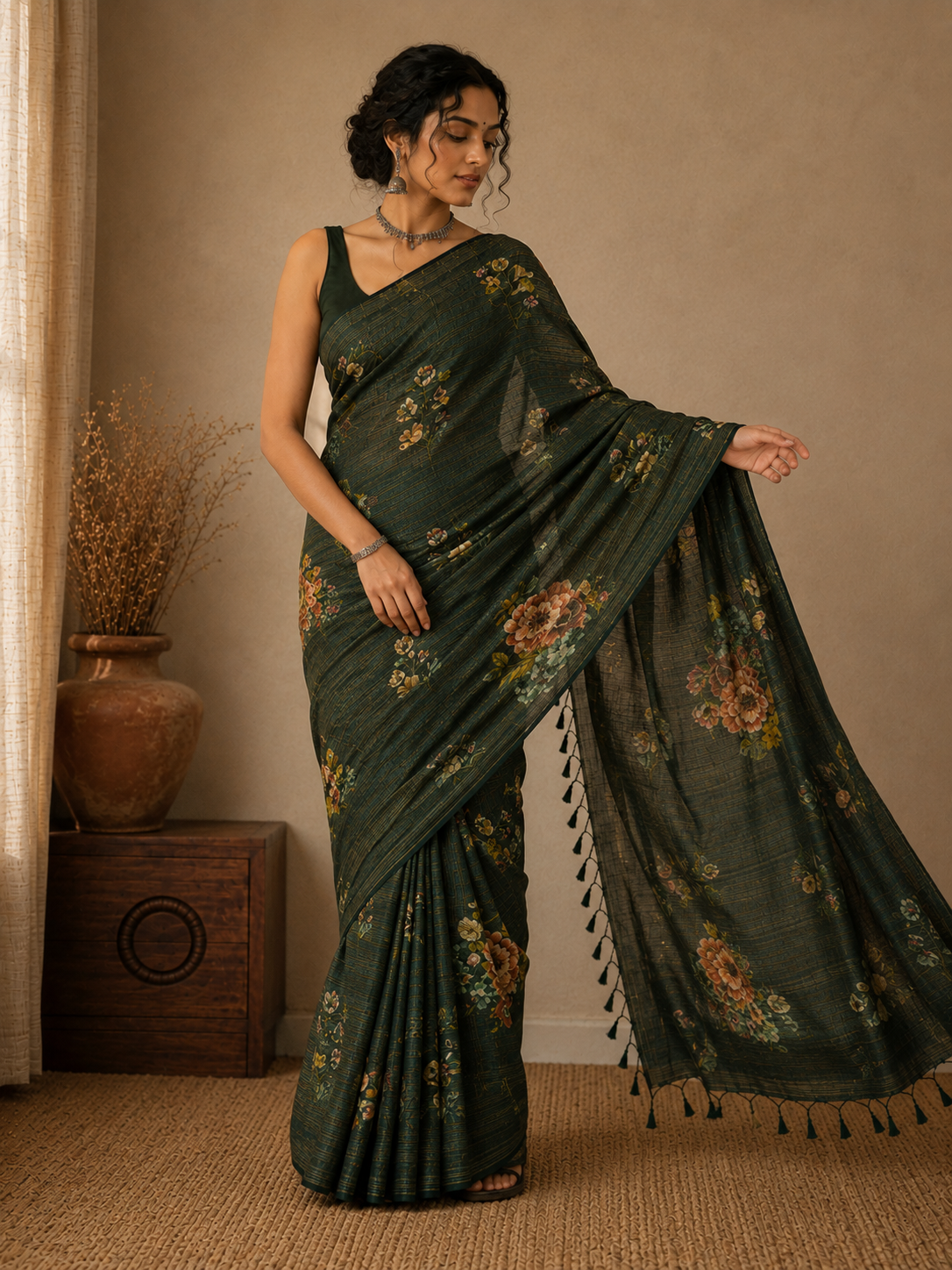 Mehfil Floral – Deep Forest Green Printed Cotton Saree