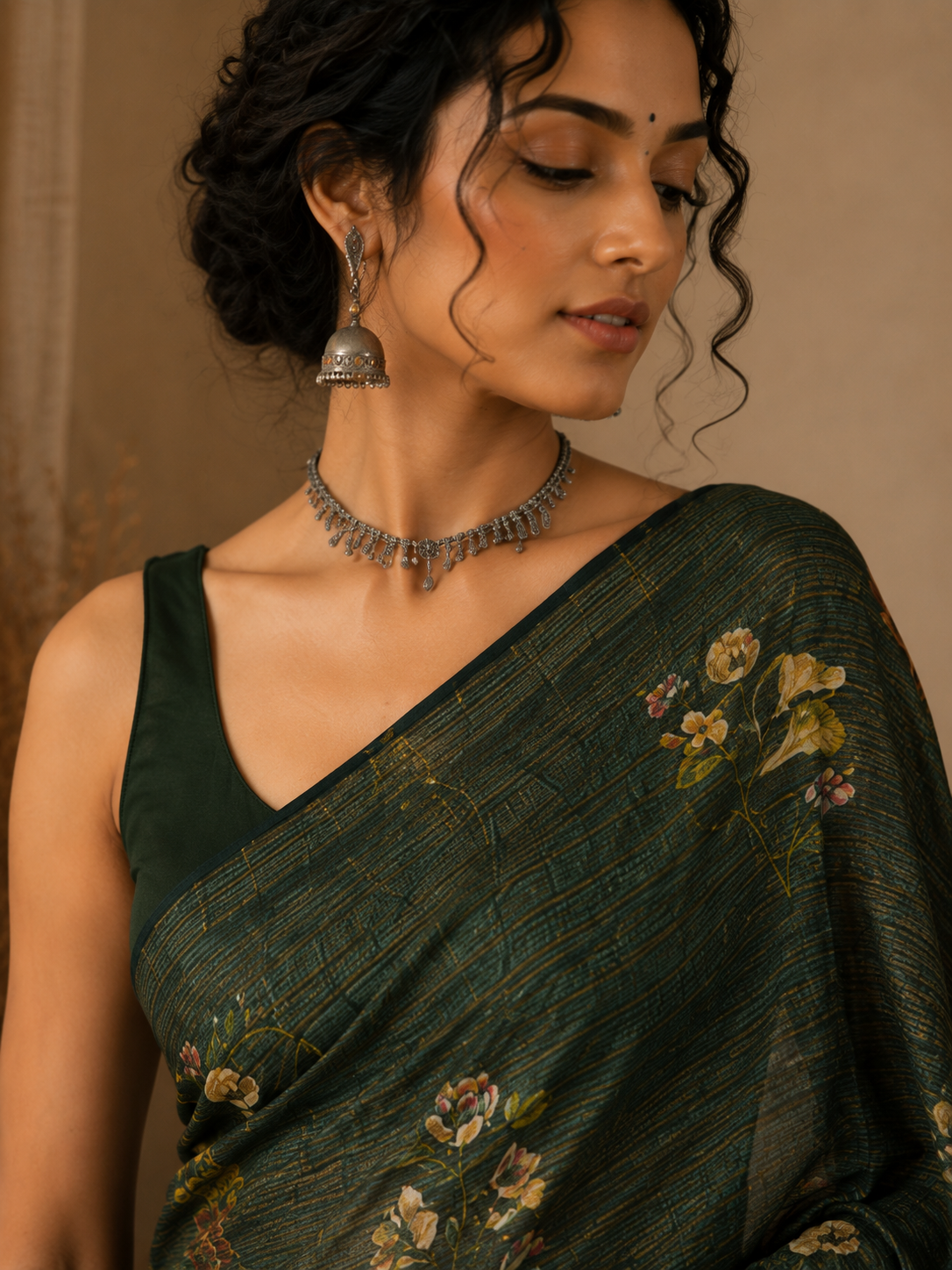 Mehfil Floral – Deep Forest Green Printed Cotton Saree