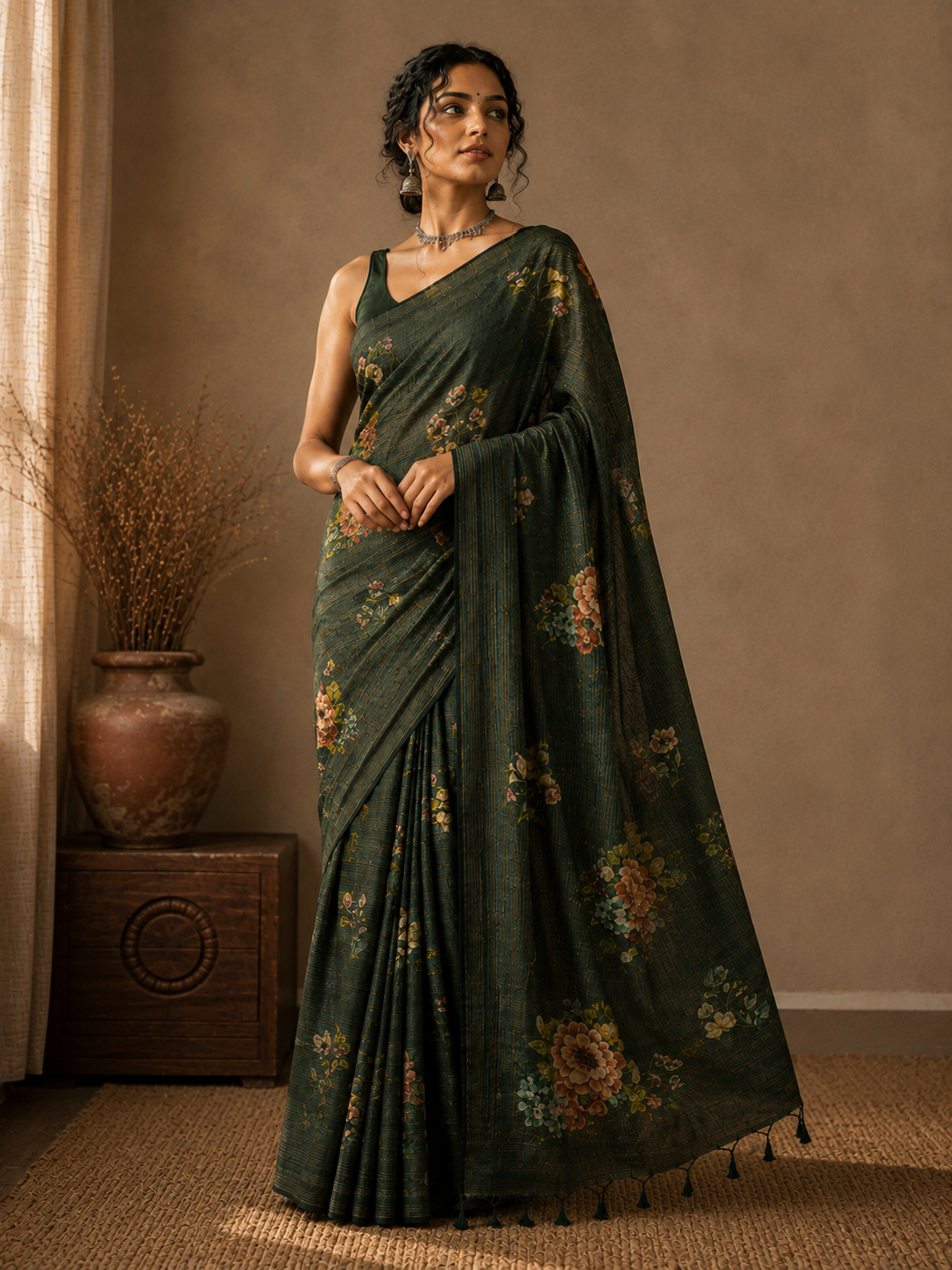 Mehfil Floral – Deep Forest Green Printed Cotton Saree